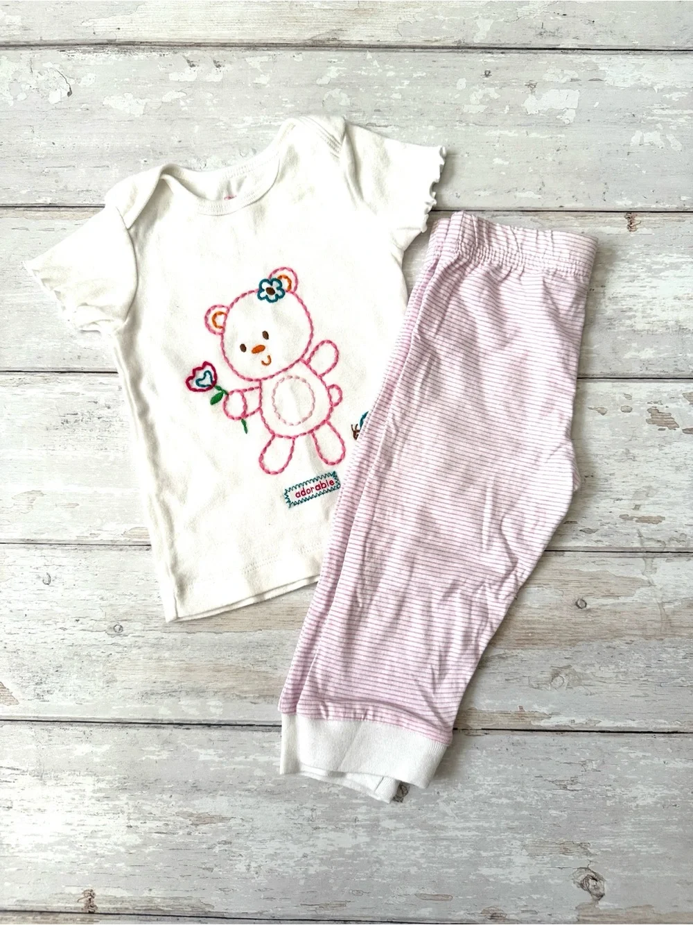 Carters 6-9m Baby Girl Outfit Set Striped Pink White Pants & Bear Shirt 6m 9m